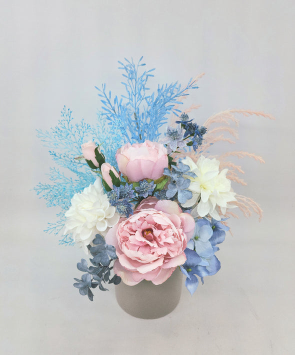 Soft Pastel Pink and Blue Artificial Flower Arrangement In Light Grey Ceramic Pot