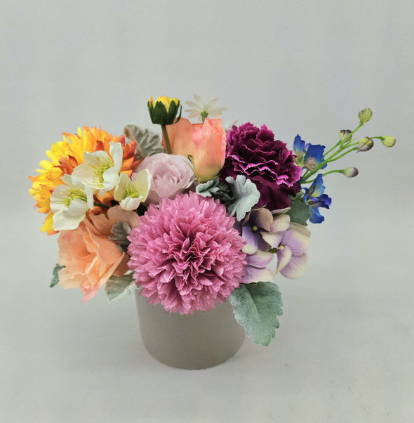 Artificial Mixed Garden Flower Arrangement In Light Grey Satin Ceramic Pot