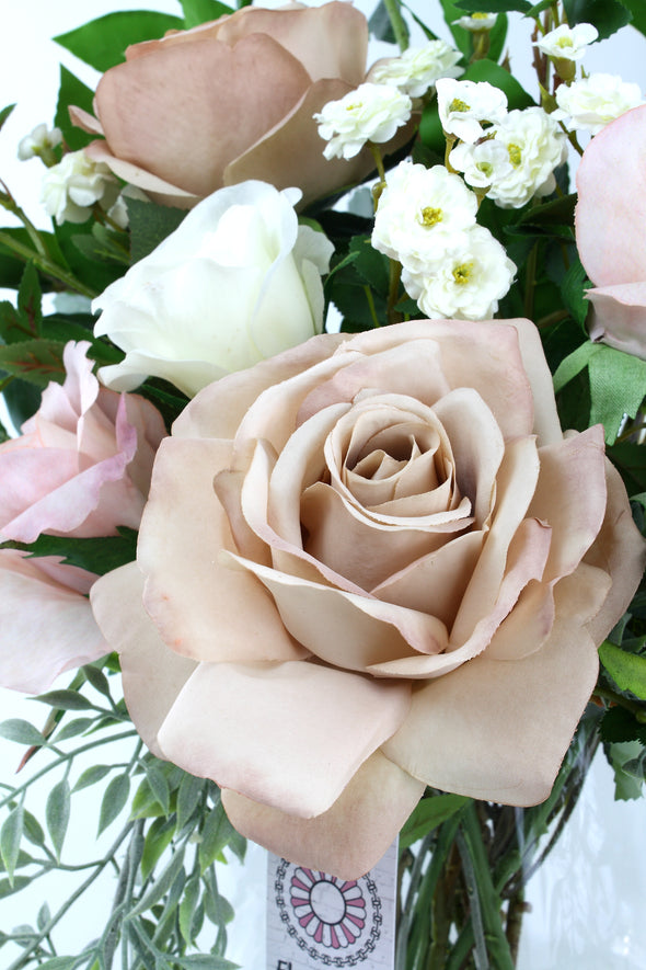 Coffee brown, Dusty Pink and White Rose with Dusty Pink Plume Grass Artificial Flower Arrangement