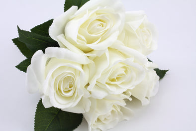Rose Bunch 6 Flowers White Real Touch 28cm